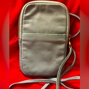 HOBO Light Gray Leather Crossbody Phone Bag with Gold Hardware
